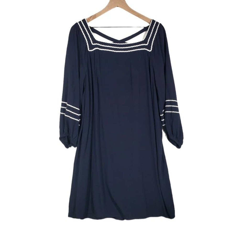 Loft Ric A Rac Trimmed Square Neck Dress L Navy Blue White Criss Cross Back